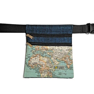 Waist Bag, Belt Bag, Cotton Fanny Pack, Fabric Hip Sack, Bum Bag, Festival Bag, Bum Pack Denim and World Map fabric image 3