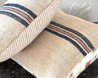 2 cushions made from vintage hemp sack with stripes 40 x 40