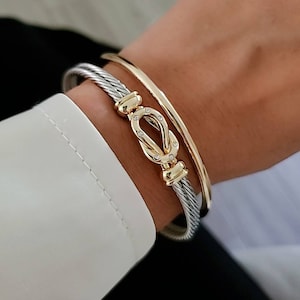 Reef Knot Bangle, Open Cuff Bracelet, Two Tone Cable Bangle, 18K Gold filled cable bracelet, Silver bangle, Staking Bracelet