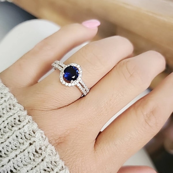 Sterling Silver Halo Sapphire Ring, Promise Ring, Engagement Ring, Gift for her, Anniversary Gift,  925 Stamped
