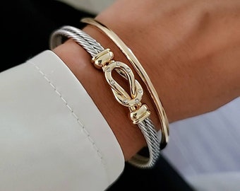 Reef Knot Bangle, Open Cuff Bracelet, Two Tone Cable Bangle, 18K Gold filled cable bracelet, Silver bangle, Staking Bracelet