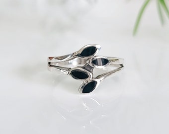 Sterling Silver Onyx Leaf Ring, Leaves Women Ring, Statement Ring, Black Stone Ring, Genuine Onyx, 925 Silver Ring