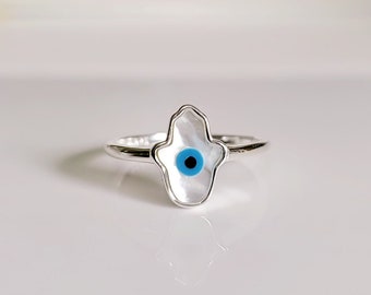 Women's Mother of Pearl Eye Ring, 925 Sterling Silver Ring, Mother of Pearl Hamsa Ring, Evil Eye Ring