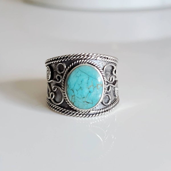 Sterling Silver Turquoise Ring, Women's Turquoise, Concave Bali ring, 925 Stamped, Bohemian Jewelry, Wide Band, Oxidized Band