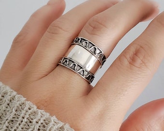 Sterling Silver Band Concave Bali Ring - Wide Band Ring, Statement Thumb Band, Boho Ring, 925 Silver,  size 6 to 12