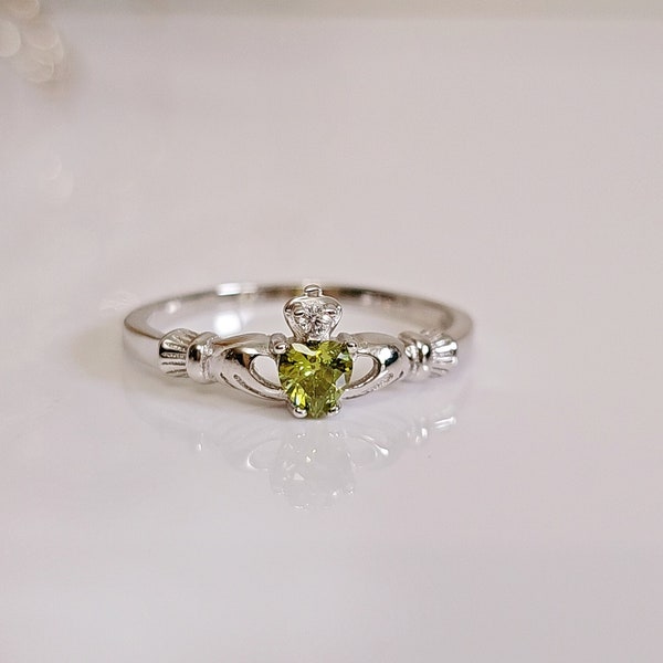 Claddagh Peridot Ring, Sterling Silver Ring, Friendship Loyalty Ring, 925 Silver, Irish Promise Ring, Love Ring, Woman's Ring