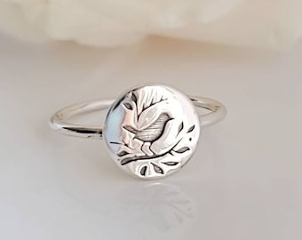 Sterling Silver Songbird Ring, Bird on a Branch Ring, Engraved Bird Ring, Dainty Ring, 925 Silver Ring, Women's Ring, Bridal Gifts