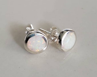 White Opal Sterling Silver Studs, Rainbow Opal earrings, Dainty Stud Earrings, 925 Stamped, Simple Women Earrings, Size 4mm to 10mm