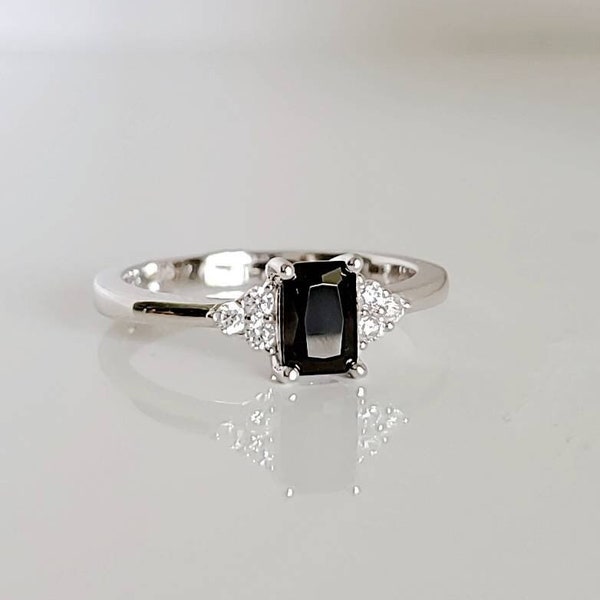 Sterling Silver Black Onyx Ring, Emerald Cut Women's Promise Ring, Anniversary, Black Stone Ring, Engagement Band, Tarnish Free,