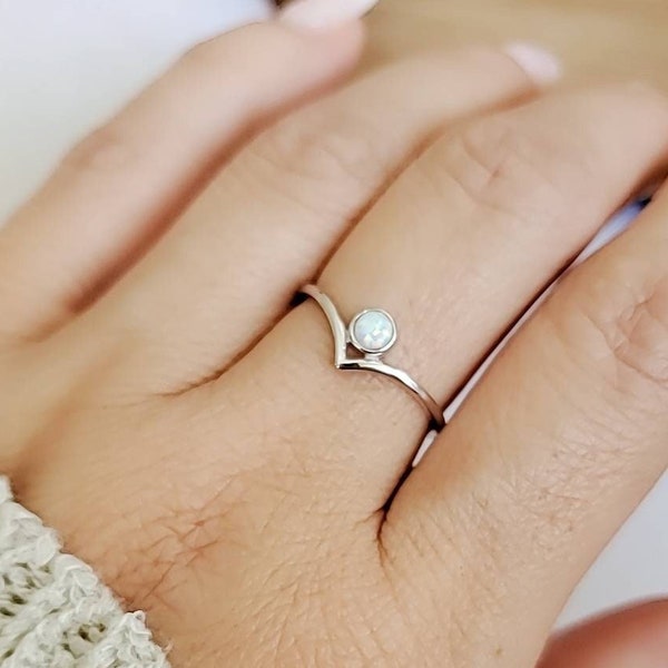 Dainty White Opal Ring, Sterling Silver Women Ring, Stack Ring, Delicate Ring, Minimalist Ring
