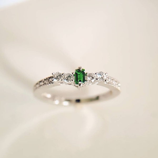 Emerald Ring, Sterling Silver Emerald Ring, Dainty Emerald Ring, May Birthstone, Promise, Anniversary, Engagement Band, size 3 to 12