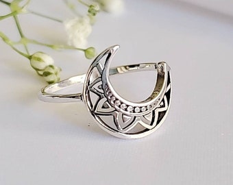 Crescent Moon, Mandala Moon Ring, Sterling Silver Women thin Ring, 925 Simple Minimalist Bohemian Chic Band, Size  4 to 12