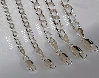 Solid Sterling Silver Chain, Curb Chain, 925 Stamped Silver, Made in Italy, Men's Chain, Women's Chain, 3mm, 4mm, 5mm, 6mm, 7mm