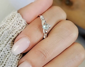Claddagh Aquamarine Ring, Sterling Silver Ring, Friendship Loyalty Ring, 925 Silver, Irish Promise Ring, Love Ring, Womens Ring