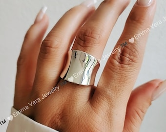 Solid Sterling Silver Concave Ring, Silver Ring for Women, 925 Stamped, Boho Chic, Bali, Bohemian, Statement Women Ring, Size 4-14