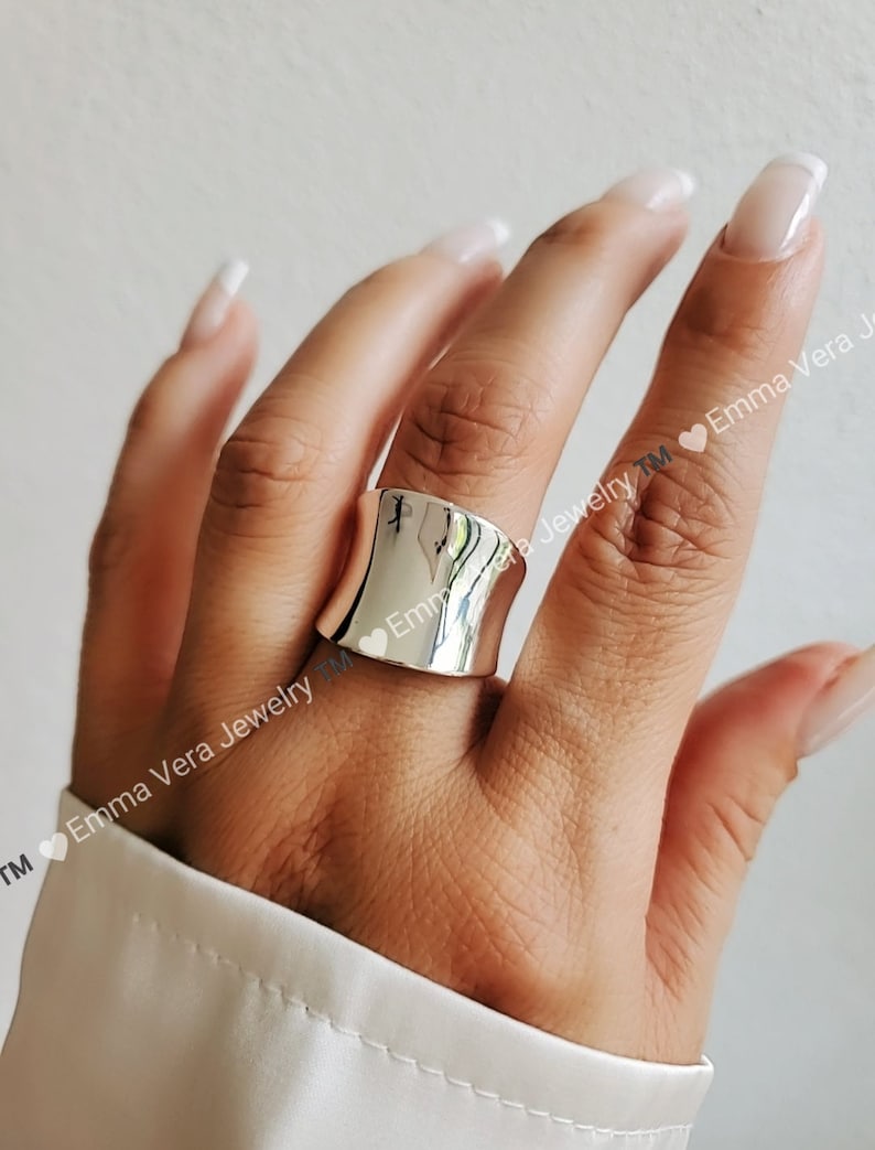 Solid Sterling Silver Concave Ring, Silver Ring for Women, 925 Stamped, Boho Chic, Bali, Bohemian, Statement Women Ring, Size 4-14 image 1