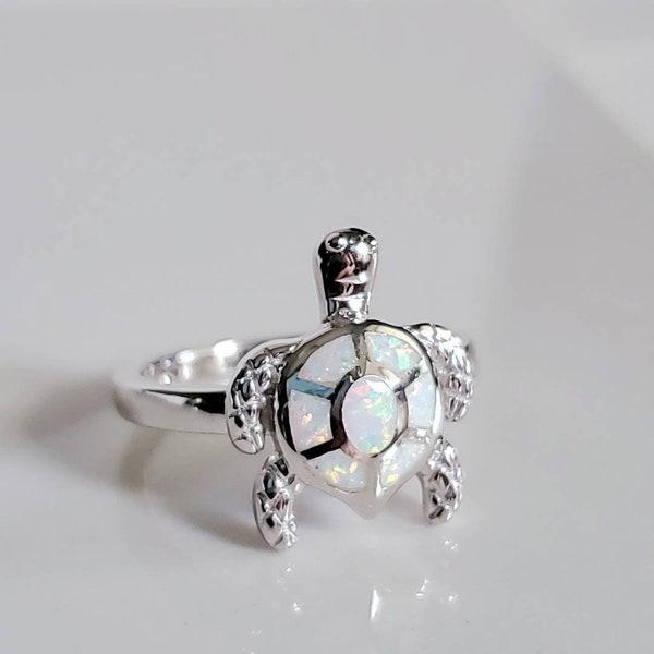 White Opal Turtle Ring, Sterling Silver Women Ring, 925 Stamped, Ocean Ring, Save our Turtles, non tarnish size 4-12