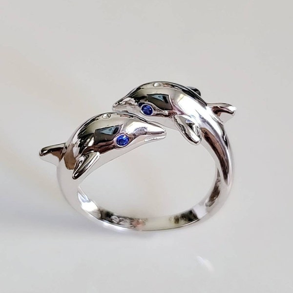 Dolphin Ring, Blue Sapphire Sterling Silver Women Ring, Ocean Inspired Ring, 925 Stamped, Tarnish Free, Size 4, 5, 6, 7, 8, 9, 10, 11