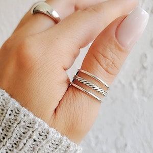 Triple Band Ring, Three Stacking Ring Set, Adjustable Sterling Silver ...