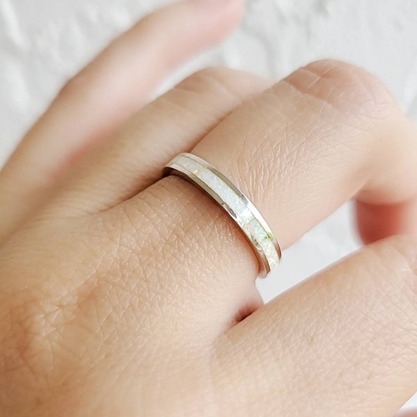 White Opal Ring, Sterling Silver Women Ring, Eternity Band, Simple Band, Engagement Band, Thumb Ring, 925 Stamped, Size 4-13