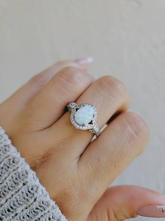 Halo Opal Ring, Sterling Silver Women Ring, Dainty Ring