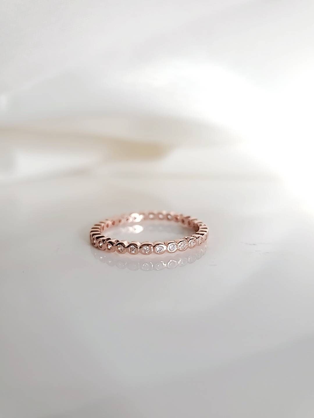 Eternity Rose Gold Ring, Bezel Set Dainty Ring, Minimalist Stack Band