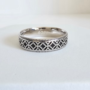 Sterling Silver Oxidize Ring, 6mm Ring, Moroccan Pattern Design Band, Thumb Ring, Unisex Ring,  Wedding Band