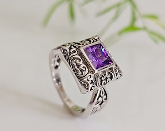 Amethyst Ring, Bali Square Princess Cut Amethyst, Sterling Silver Ring, 925 Stamped, Anniversary Ring, Size 5, 6, 7, 8, 9, 10