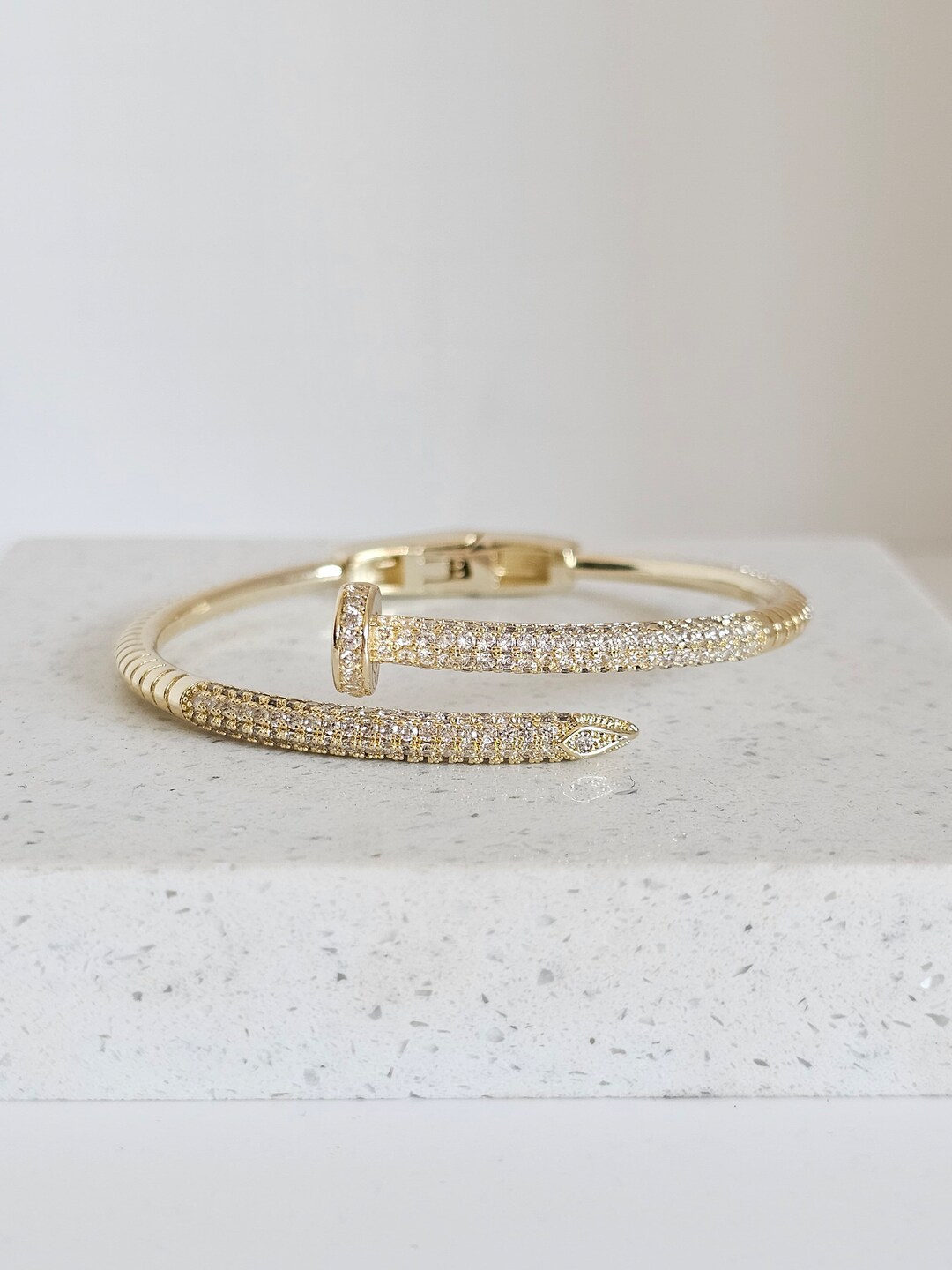 Dainty Gold Bangle Bracelet, Women's Gold Bangle, Simulated Diamonds