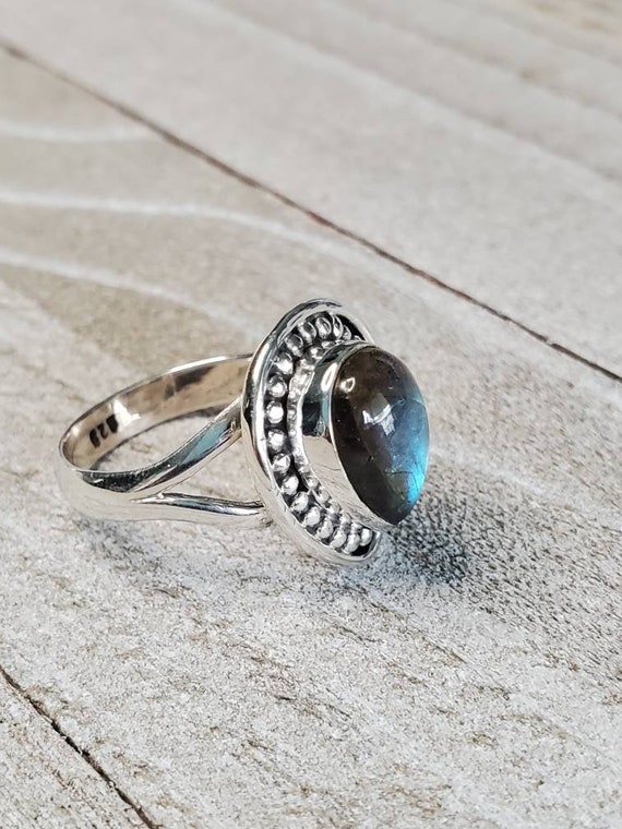 Labradorite Ring Sterling Silver Ring Teardrop Cab Labradorite