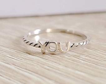 Sterling Silver You Ring, Thin Ring, Dainty Women's Ring, Promise Ring, Stack Ring, 925 Silver, Girl's Ring, YOU Lettering