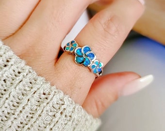 Plumeria Ring, Hawaiian Blue Opal Ring, Sterling Silver Women Ring, Anniversary Gift, Statement Ring