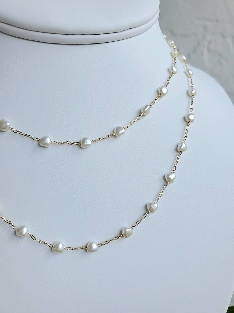Pearl Hearts Necklace, Women's Dainty Necklace for Layering, Brides Necklace, Anniversary Gift, Minimalist Pearls, Gift for Bridesmaids image 5