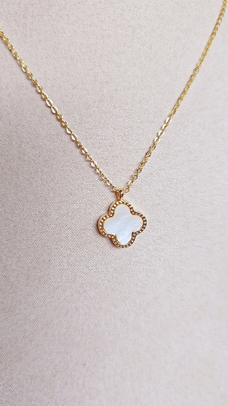 Mother of Pearl and Black Clover Gold Necklace, Reversable Pendant, Gold Chain with Clover Pendant, Four Leaf Quatrefoil Pendant, Gift Ideas image 9