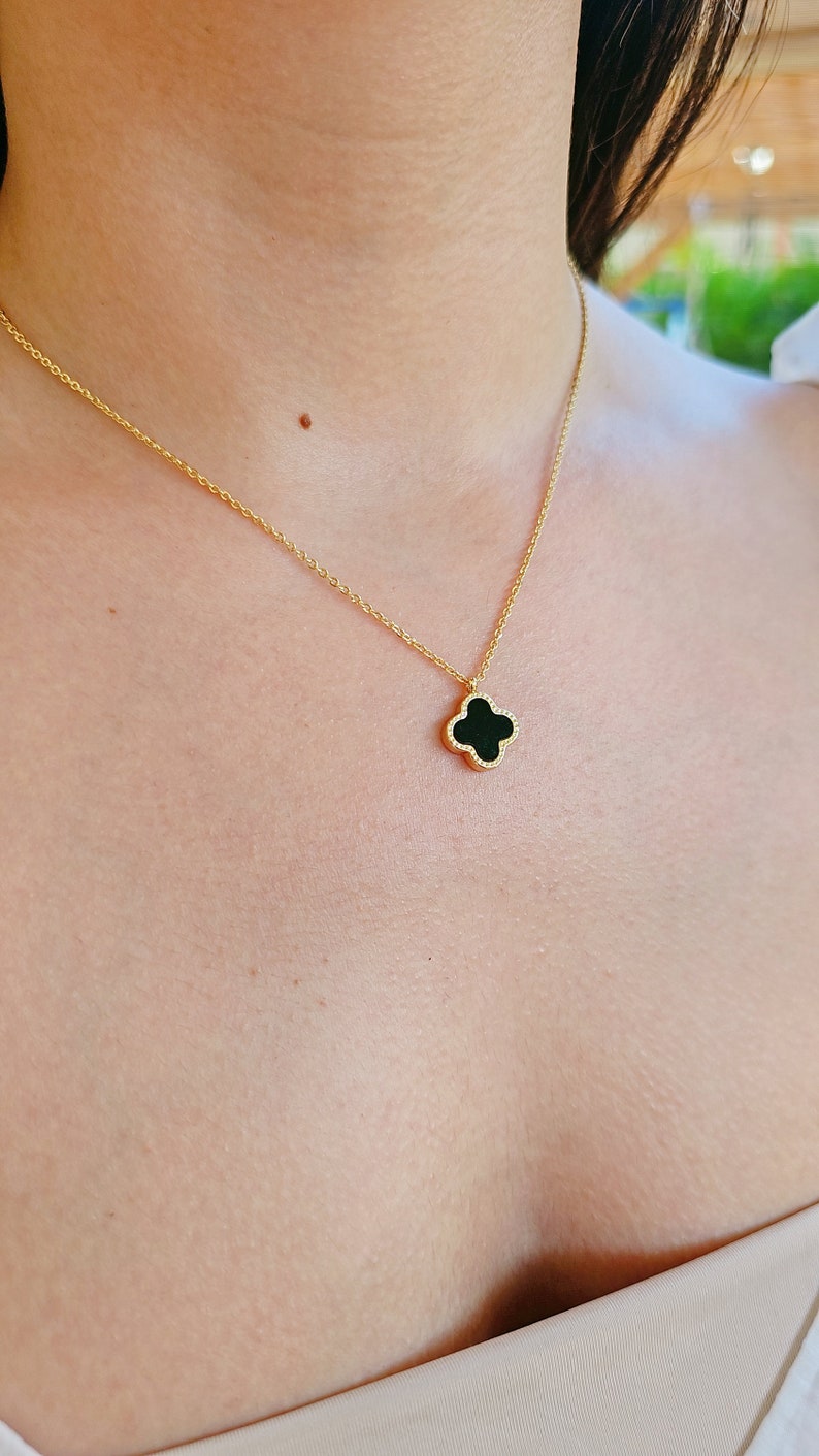 Mother of Pearl and Black Clover Gold Necklace, Reversable Pendant, Gold Chain with Clover Pendant, Four Leaf Quatrefoil Pendant, Gift Ideas image 2