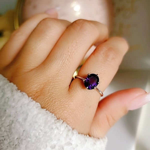 Solitaire Sterling Silver Amethyst Ring, Genuine 2 Carat Amethyst Ring, Natural Amethyst, Engagement Ring, 925 Silver, February Birthstone