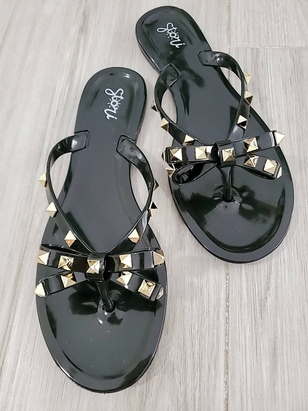 black studded bow sandals
