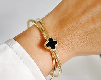 Black Clover Gold Bangle Bracelet, Gold Bangle, Double Cable Bangle Open Bangle, Women's Gold Bangle