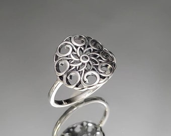 Sterling Silver Mandala Ring, Boho Chic Jewelry, Minimalist Ring, Bohemian Ring, Dainty Women's Ring, Statement Band, Size 5-12