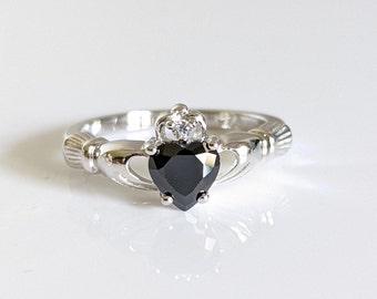 Bague en onyx de Claddagh, bague en argent sterling, bague de fidélité de l'amitié, argent 925, bague de promesse irlandaise