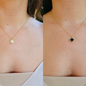 Mother of Pearl and Black Clover Gold Necklace, Reversable Pendant, Gold Chain with Clover Pendant, Four Leaf Quatrefoil Pendant, Gift Ideas