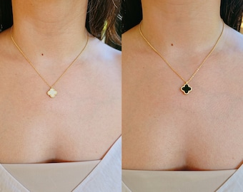 Mother of Pearl and Black Clover Gold Necklace, Reversable Pendant, Gold Chain with Clover Pendant, Four Leaf Quatrefoil Pendant, Gift Ideas