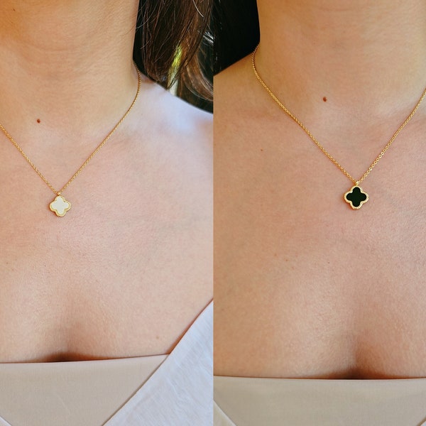 Mother of Pearl and Black Clover Gold Necklace, Reversable Pendant, Gold Chain with Clover Pendant, Four Leaf Quatrefoil Pendant, Gift Ideas