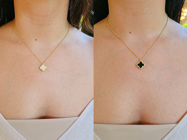 Mother of Pearl and Black Clover Gold Necklace, Reversable Pendant, Gold Chain with Clover Pendant, Four Leaf Quatrefoil Pendant, Gift Ideas image 1