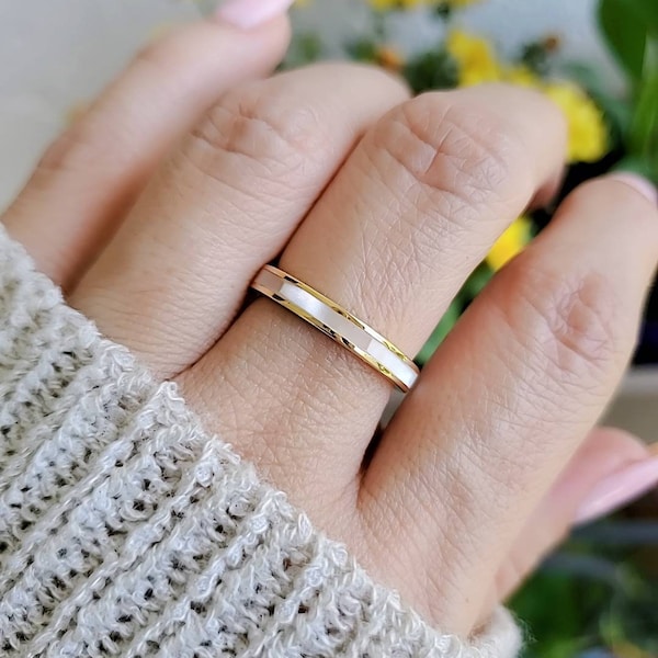 Gold Mother of Pearl Band, 18K Gold Over Sterling Silver Women Ring, Simple Band, Engagement Band, 925 Stamped, Anniversary Gift