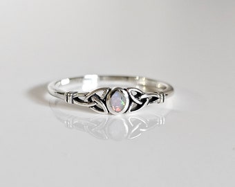 Sterling Silver White Opal Celtic Ring, Tiny Dainty Opal Ring, Celtic Rainbow Stone Ring, 925 Silver, Minimalist Celtic Ring