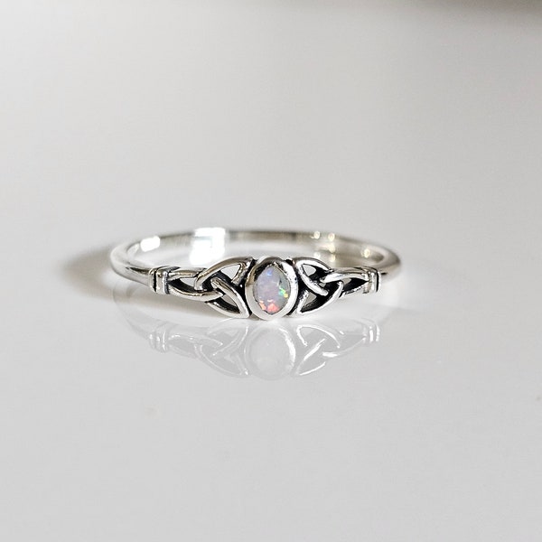 Sterling Silver White Opal Celtic Ring, Tiny Dainty Opal Ring, Celtic Rainbow Stone Ring, 925 Silver, Minimalist Celtic Ring