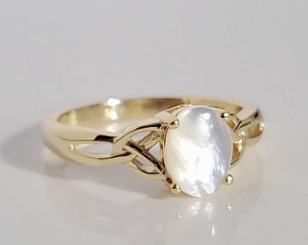 Mother of Pearl Ring, Gold Celtic Ring, Gold Over Sterling Silver Ring, Scottish Ring, Irish Love Friendship Ring, 925 Silver, Sizes 4-12
