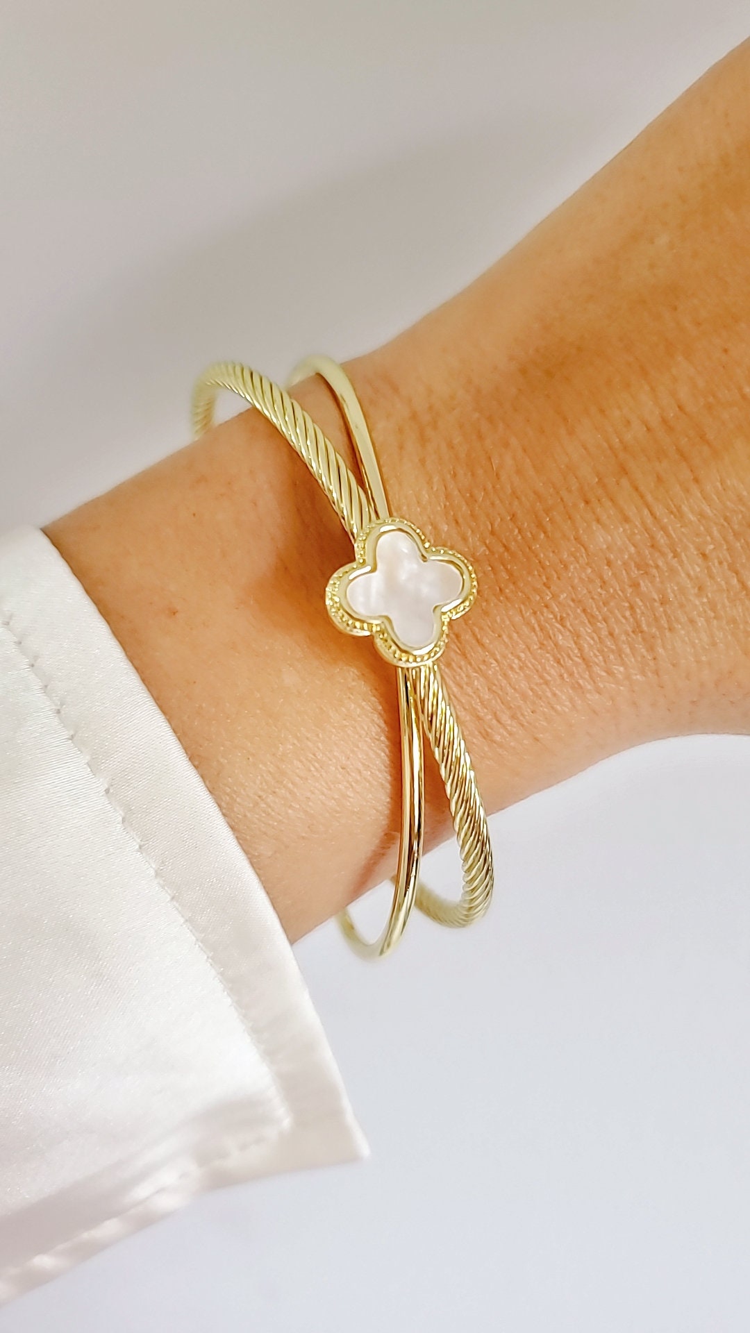 Mother of Pearl Bangle Bracelet, Gold Bangle, Double Cable Bangle Open