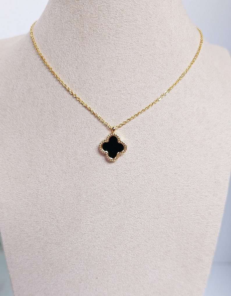 Mother of Pearl and Black Clover Gold Necklace, Reversable Pendant, Gold Chain with Clover Pendant, Four Leaf Quatrefoil Pendant, Gift Ideas image 7
